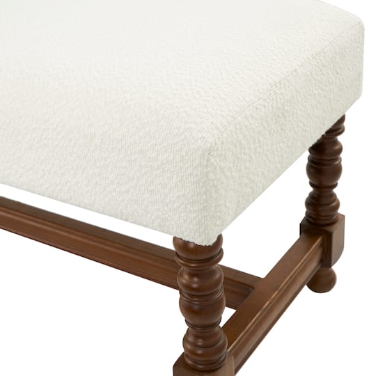 59" Cream Fabric Bench with Brown Traditional Wood Turned Legs